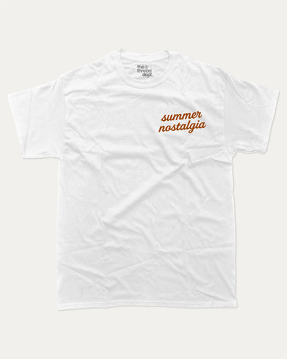 Summer Nostalgia graphic t-shirt, perfect for adults. A must-have summer coastal tee, trending meme shirt, unique gift idea. White.