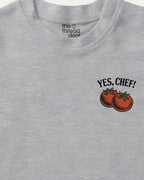 Gray t-shirt with 'Yes, Chef!' text and tomato graphics on a white background